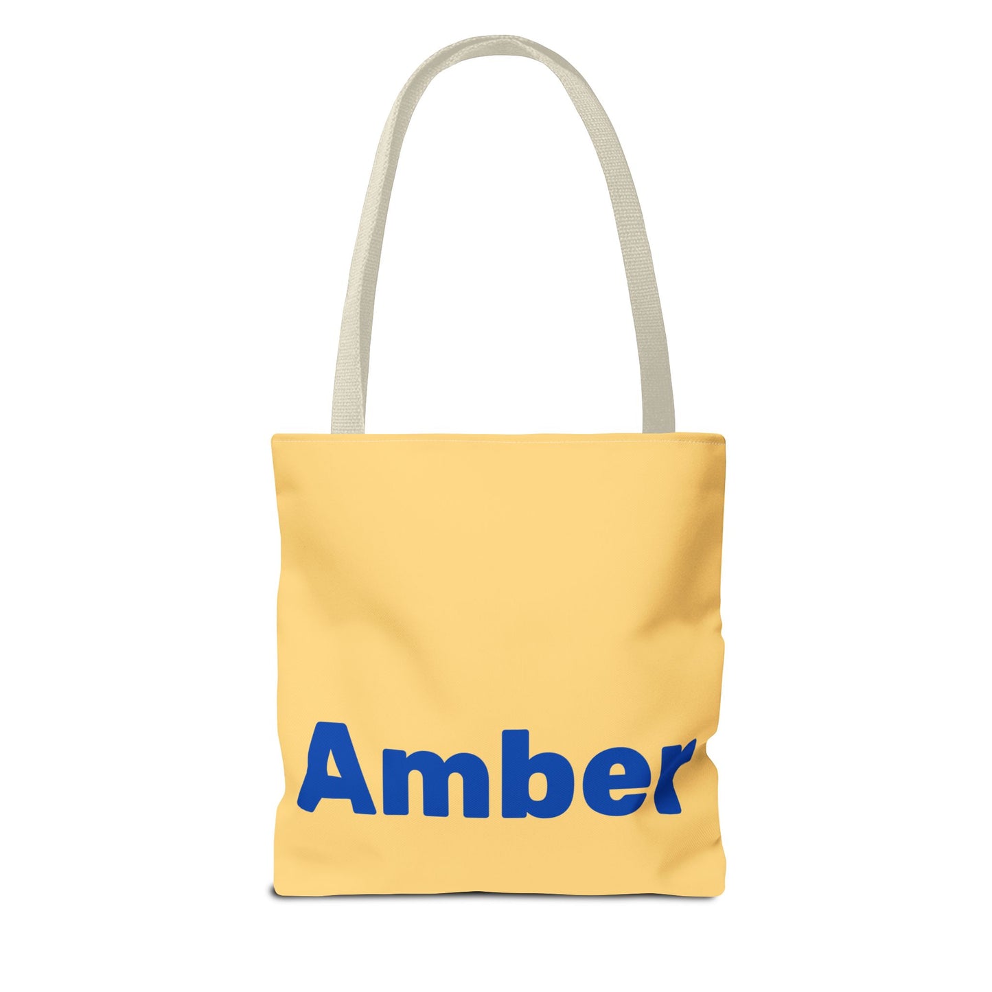 Personalized butter tote bag with custom name Amber printed on design. Unique reusable bag perfect for gifting and everyday use.