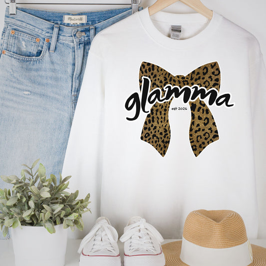 Personalized Glamma leopard bow crewneck sweatshirt with custom grandkids’ names