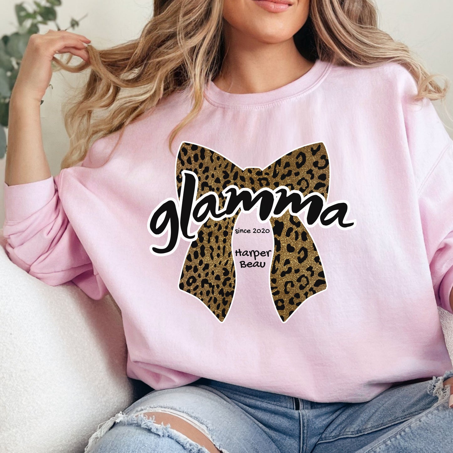Personalized Glamma leopard bow sweatshirt on model