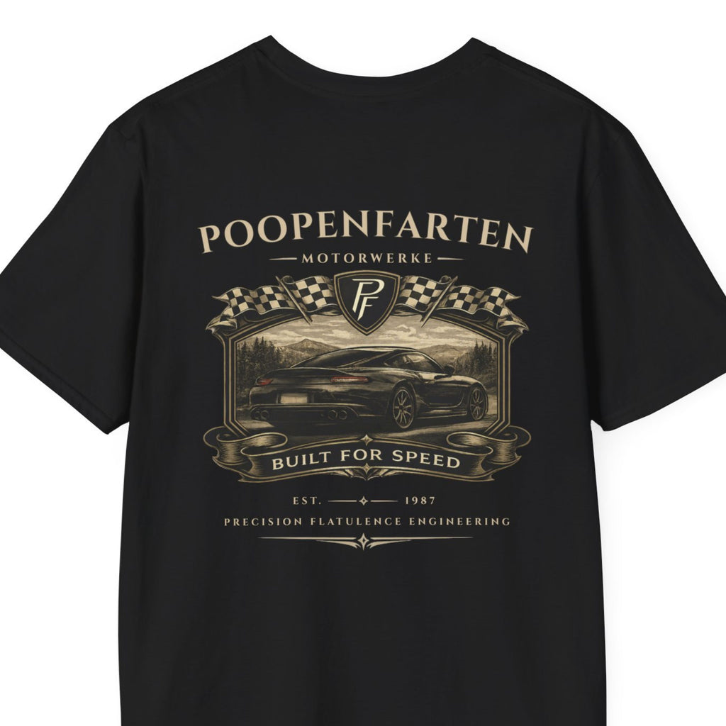 Black funny car shirt featuring Poopenfarten Motorwerke vintage racing graphic with sports car illustration and distressed automotive design.