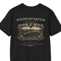 Black funny car shirt featuring Poopenfarten Motorwerke vintage racing graphic with sports car illustration and distressed automotive design.