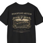 Black funny car shirt featuring Poopenfarten Motorwerke vintage racing graphic with sports car illustration and distressed automotive design.