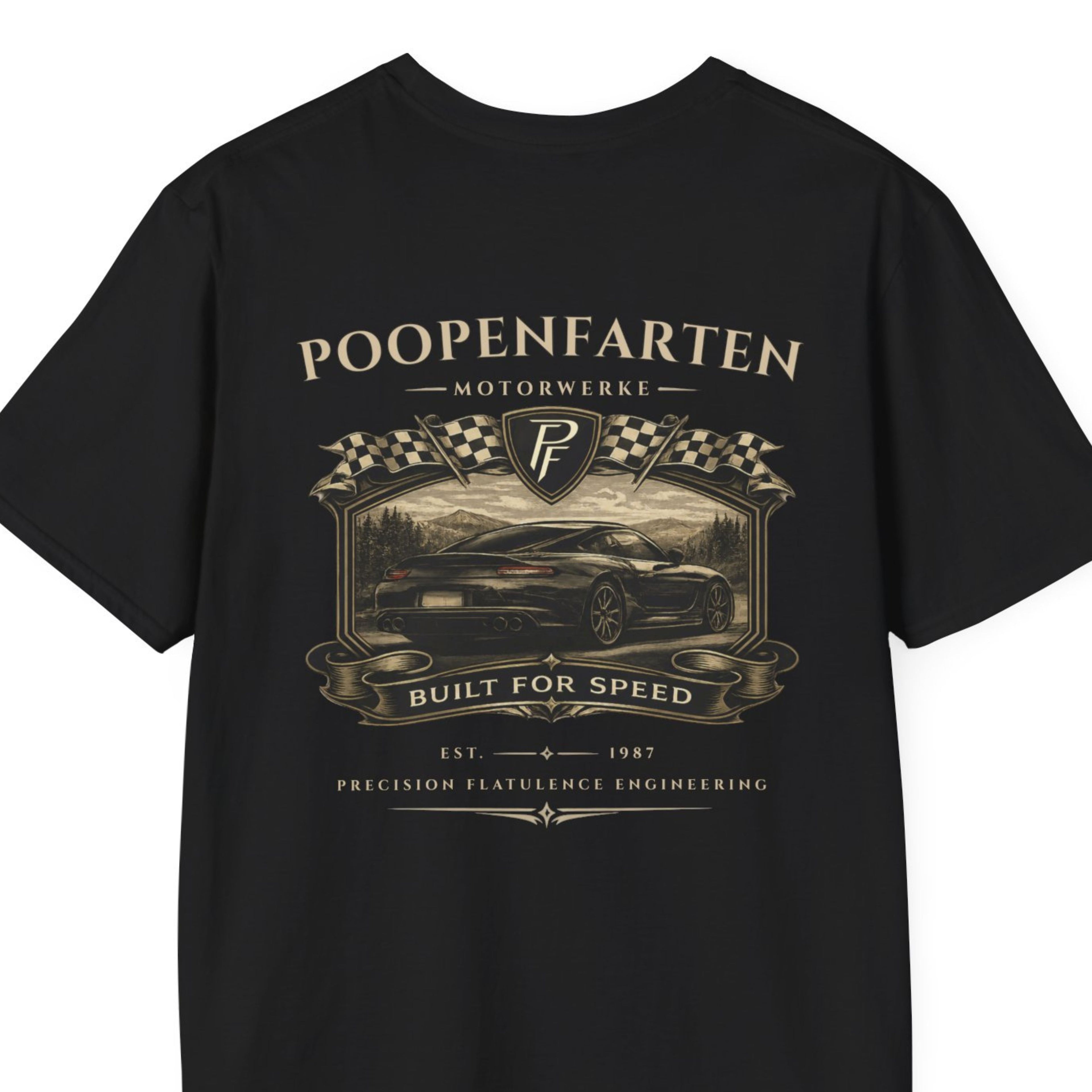 Black funny car shirt featuring Poopenfarten Motorwerke vintage racing graphic with sports car illustration and distressed automotive design.