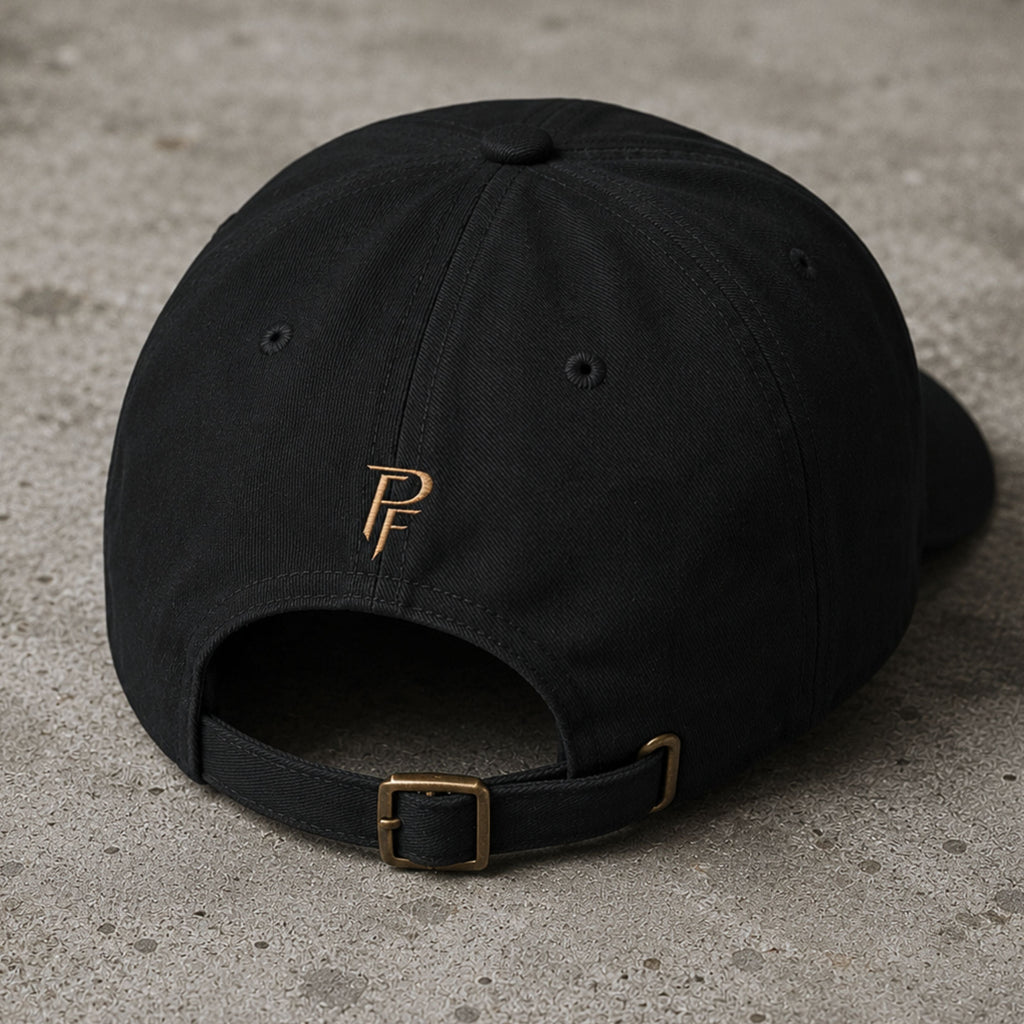 Back view of black embroidered Poopenfarten Motorwerke cotton dad cap featuring adjustable brass buckle strap and rear PF logo embroidery.