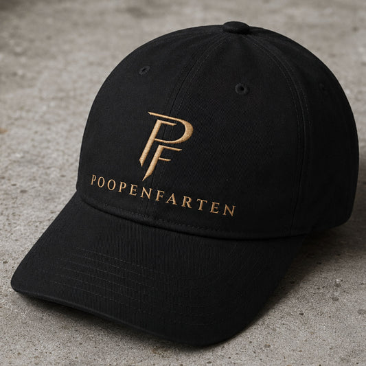 Black Poopenfarten Motorwerke dad cap with gold embroidered PF logo photographed on a concrete surface in a luxury automotive-inspired streetwear setting.