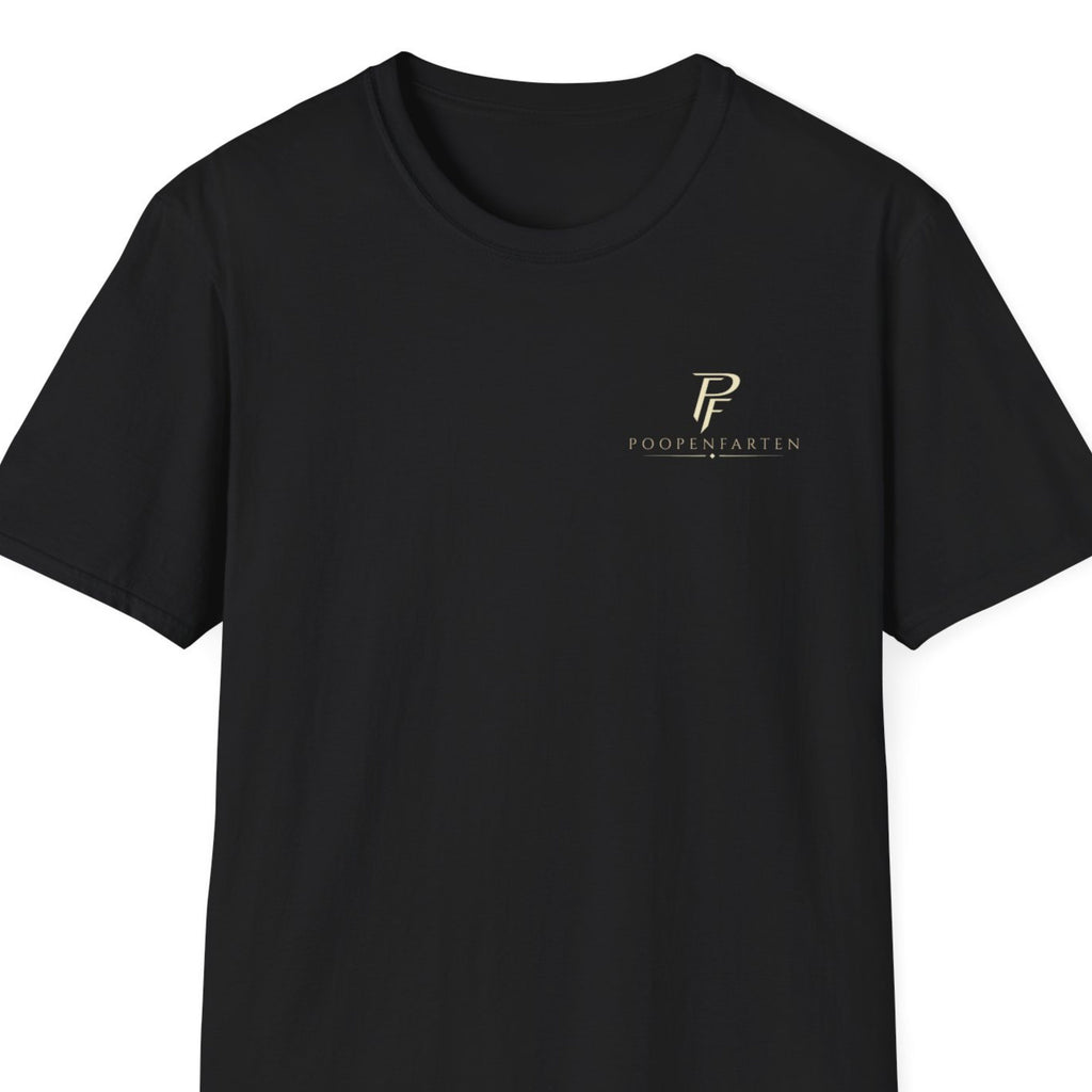 Black Poopenfarten Motorwerke t-shirt with minimalist PF logo and automotive-inspired front chest graphic on softstyle tee.