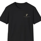 Black Poopenfarten Motorwerke t-shirt with minimalist PF logo and automotive-inspired front chest graphic on softstyle tee.