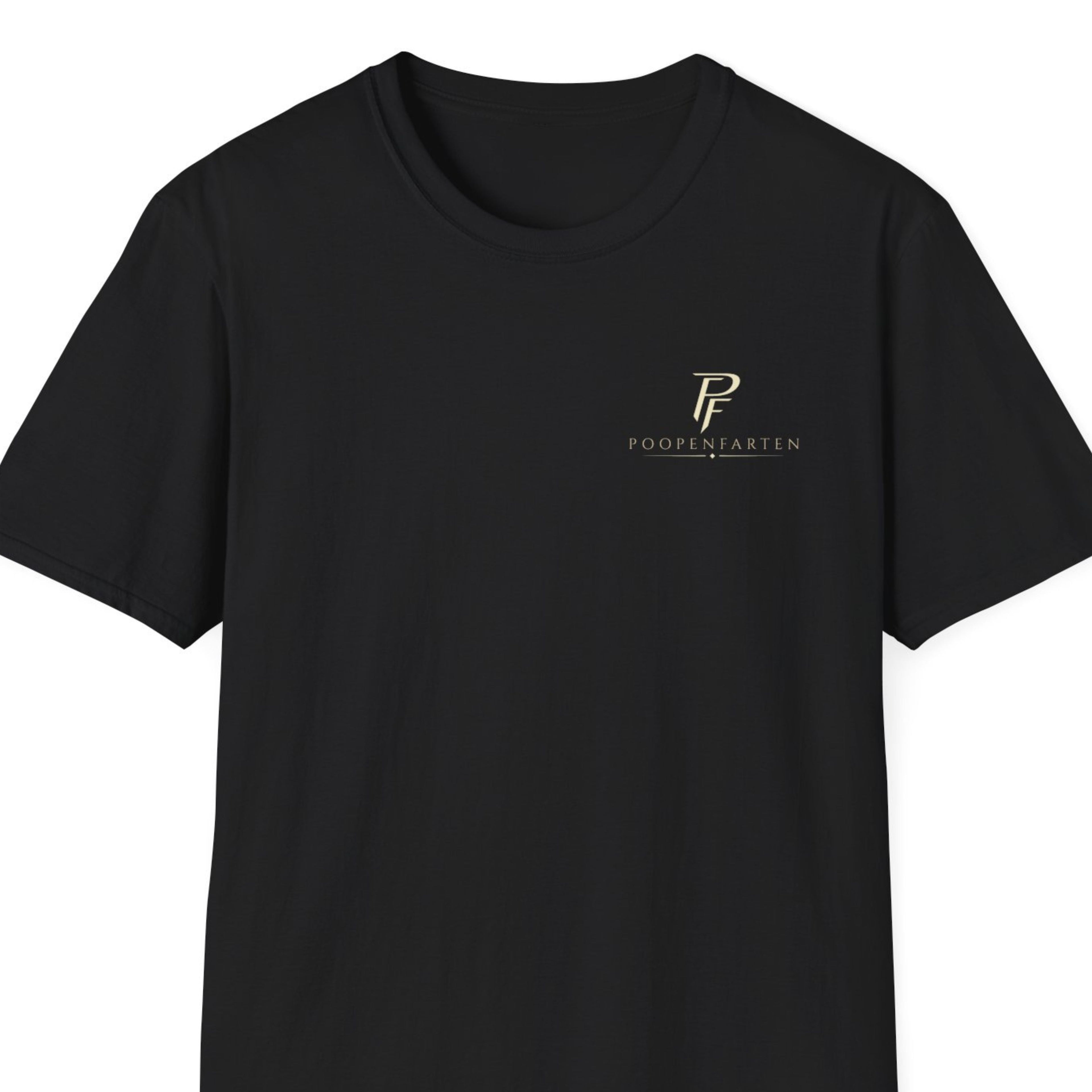 Black Poopenfarten Motorwerke t-shirt with minimalist PF logo and automotive-inspired front chest graphic on softstyle tee.