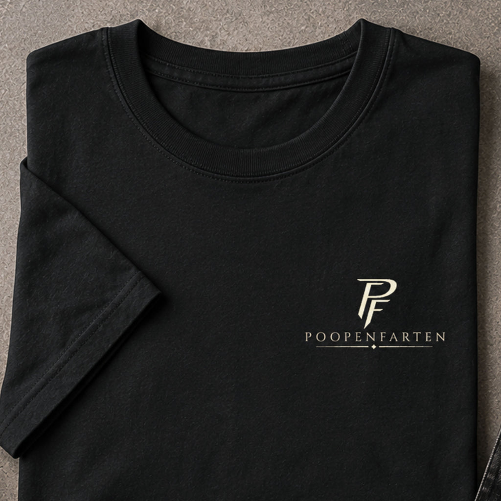 Folded black Poopenfarten Motorwerke t-shirt with minimalist PF front chest logo styled in masculine automotive-inspired flat lay scene.