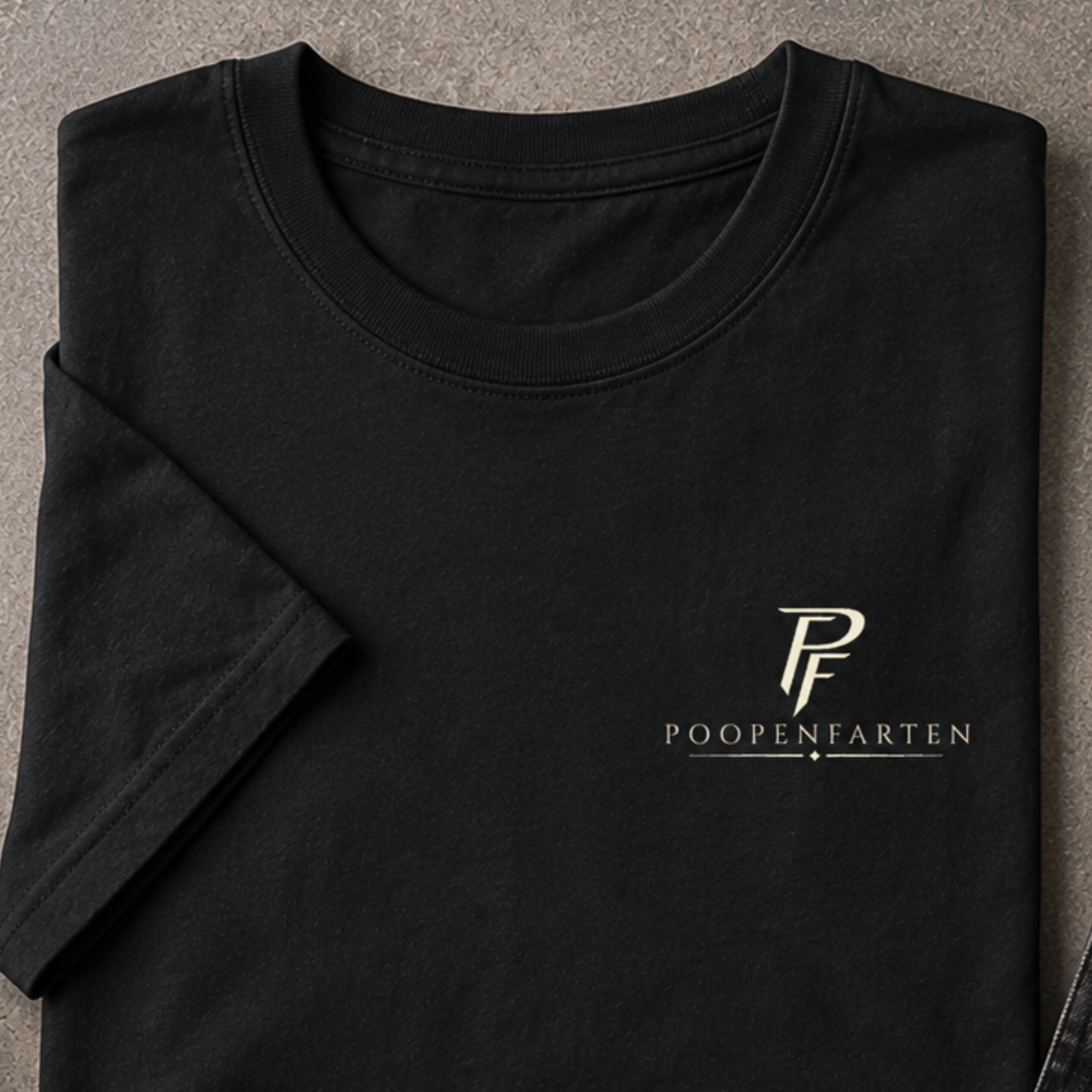 Folded black Poopenfarten Motorwerke t-shirt with minimalist PF front chest logo styled in masculine automotive-inspired flat lay scene.