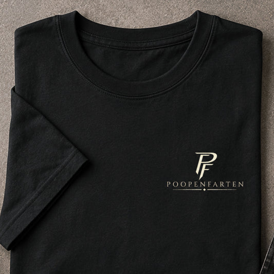 Folded black Poopenfarten Motorwerke t-shirt with minimalist PF front chest logo styled in masculine automotive-inspired flat lay scene.