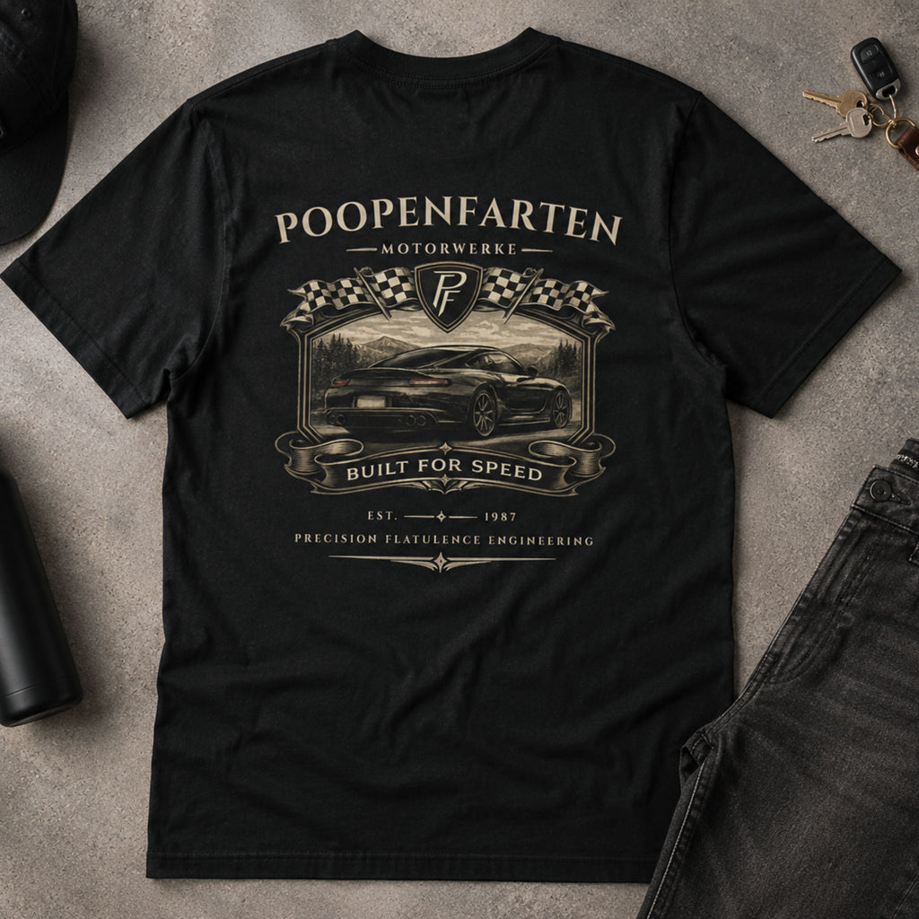 Black Poopenfarten Motorwerke racing parody t-shirt hanging on concrete surface displaying vintage motorsport back graphic design.