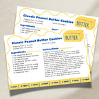 Printed blue-and-yellow Salted Butter recipe cards featuring a classic peanut butter cookie recipe and cheerful butter illustrations. The coordinated 4 x 6 inch cards bring color and personality to baking recipes, recipe boxes and modern kitchens.