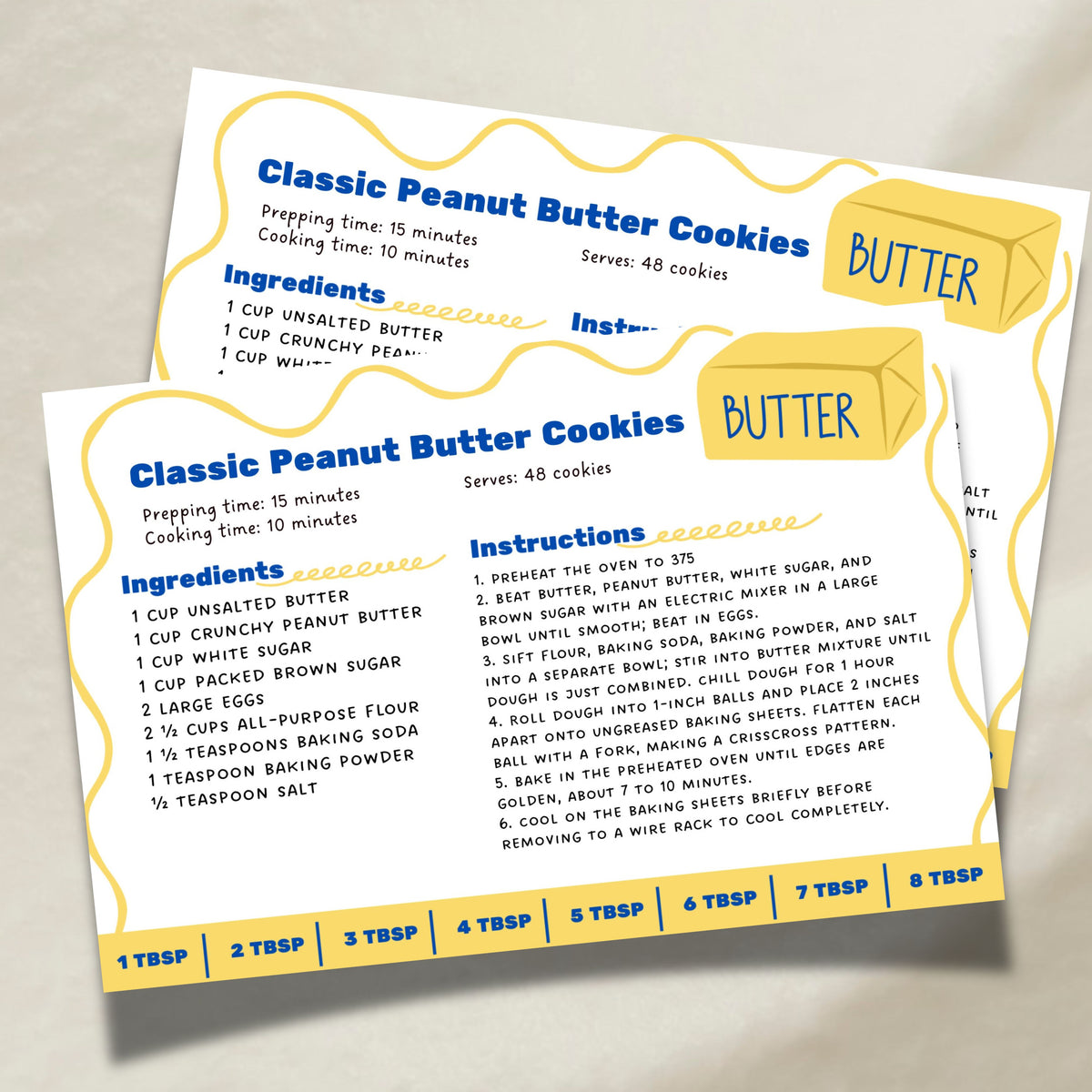 Printed blue-and-yellow Salted Butter recipe cards featuring a classic peanut butter cookie recipe and cheerful butter illustrations. The coordinated 4 x 6 inch cards bring color and personality to baking recipes, recipe boxes and modern kitchens.