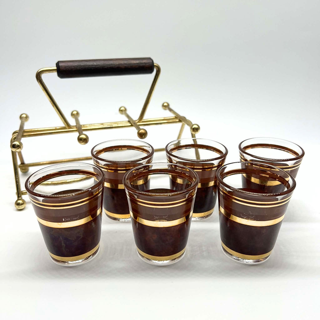 Vintage Culver Tortoiseshell Shot Glasses | Brown & Gold Hollywood Regency Barware