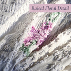 Raised lavender floral tufting on a vintage white chenille bedspread highlights the dimensional texture and exceptional craftsmanship. Perfect for cottage decor, farmhouse bedding, shabby chic interiors, romantic bedrooms, and vintage textile enthusiasts.