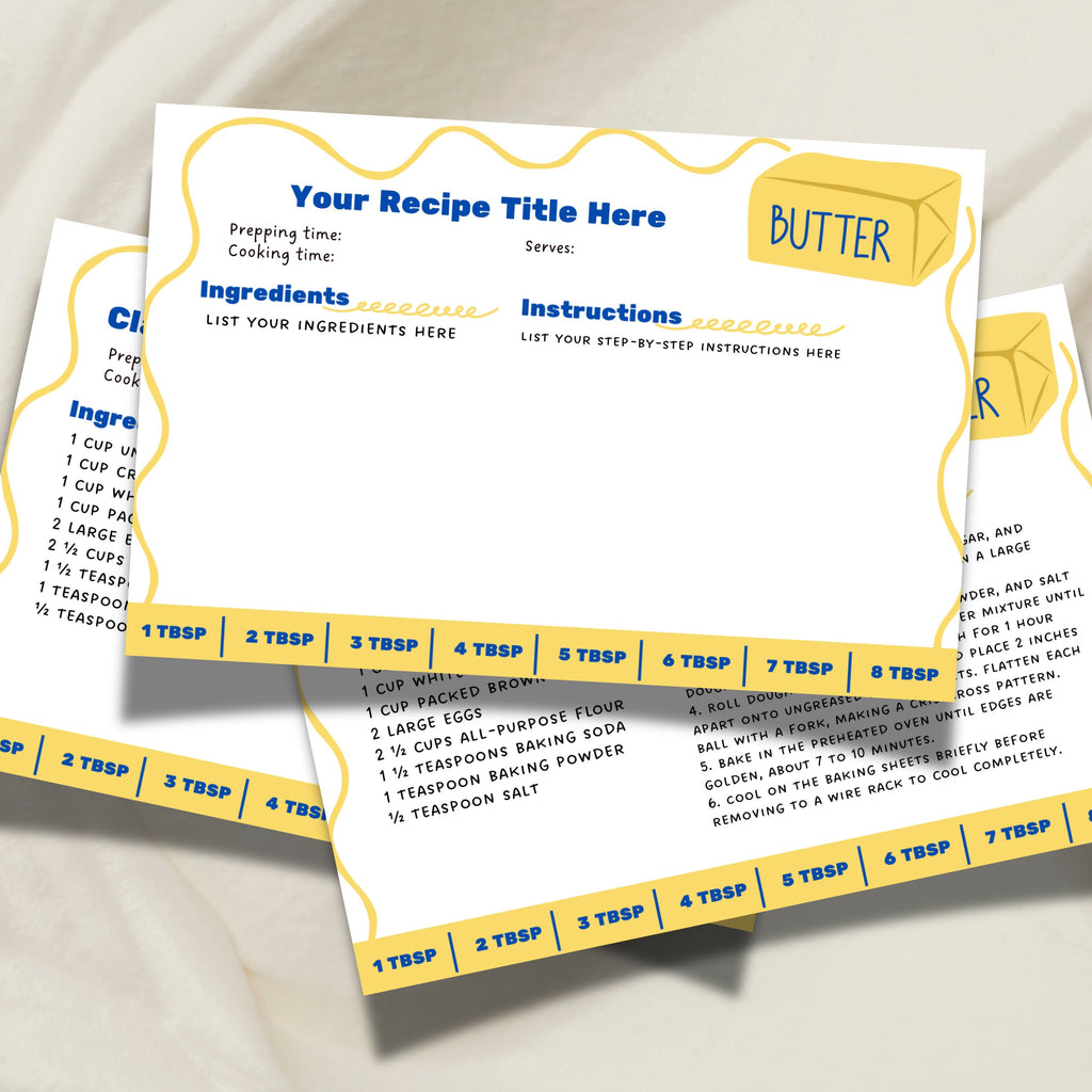 Blank blue-and-yellow salted butter recipe card template displayed with additional cards in the background. The horizontal 4 x 6 inch Canva design includes spaces for a title, ingredients, directions, preparation time, cooking time and servings.