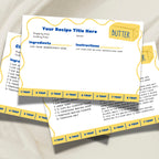 Blank blue-and-yellow salted butter recipe card template displayed with additional cards in the background. The horizontal 4 x 6 inch Canva design includes spaces for a title, ingredients, directions, preparation time, cooking time and servings.