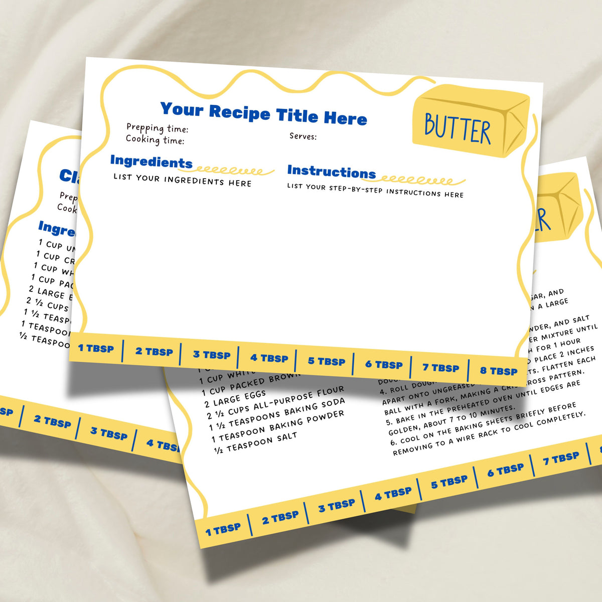 Blank blue-and-yellow salted butter recipe card template displayed with additional cards in the background. The horizontal 4 x 6 inch Canva design includes spaces for a title, ingredients, directions, preparation time, cooking time and servings.