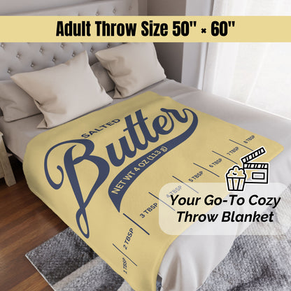 Adult salted butter throw blanket size graphic showing 50x60 inch minky blanket styled on a couch. Cozy butter themed blanket for adults, gifts, and home decor.