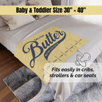 Baby and toddler salted butter minky blanket size graphic showing 30x40 inch option. Soft yellow butter themed blanket for little ones, nursery gifts, and cozy use.