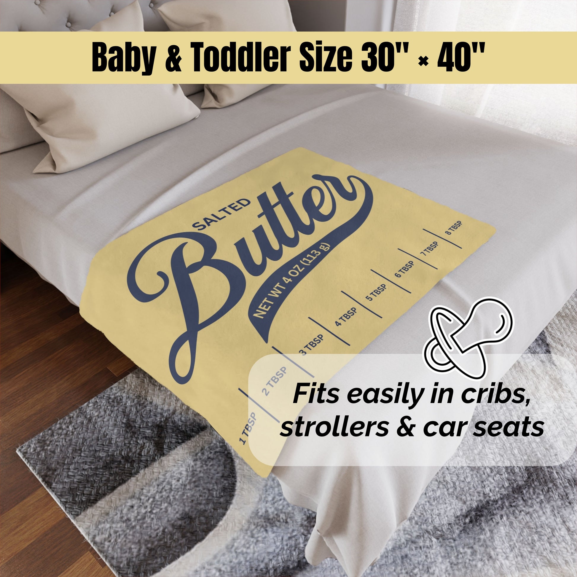 Baby and toddler salted butter minky blanket size graphic showing 30x40 inch option. Soft yellow butter themed blanket for little ones, nursery gifts, and cozy use.