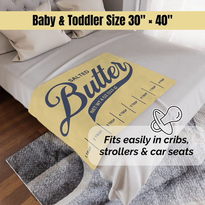 Baby and toddler salted butter minky blanket size graphic showing 30x40 inch option. Soft yellow butter themed blanket for little ones, nursery gifts, and cozy use.