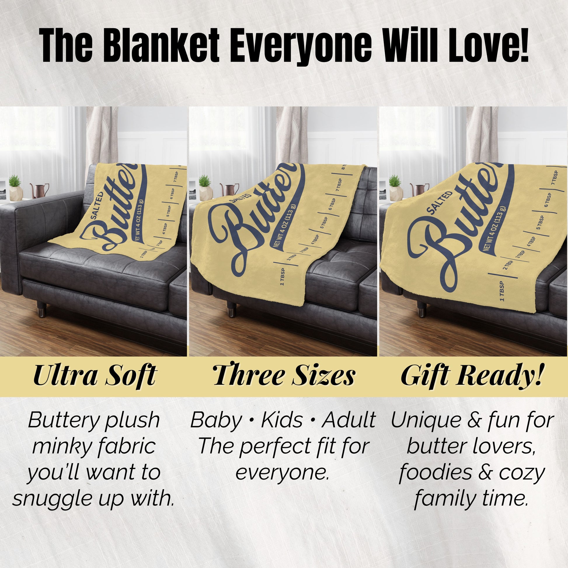 Salted butter blanket size comparison guide showing baby, lap, and adult throw options. Helpful chart for choosing the right cozy minky blanket size.