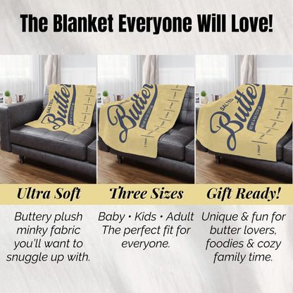 Salted butter blanket size comparison guide showing baby, lap, and adult throw options. Helpful chart for choosing the right cozy minky blanket size.