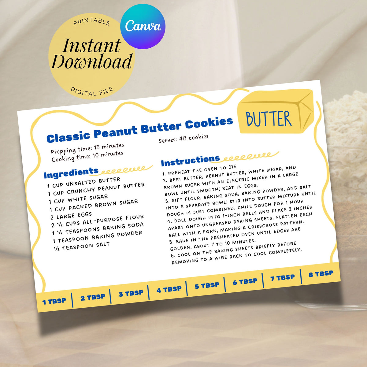 Salted butter-themed recipe card displaying a completed classic peanut butter cookie recipe. The playful 4 x 6 inch design features cobalt blue lettering, sunny yellow details, a wavy border and a butter tablespoon guide for home bakers.