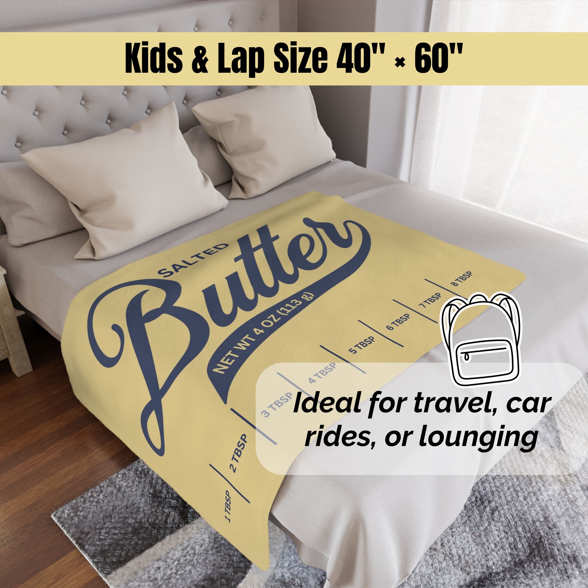 Kids and lap salted butter blanket size graphic showing 40x60 inch option. Soft minky throw with playful yellow butter design for couches, travel, and cozy comfort.