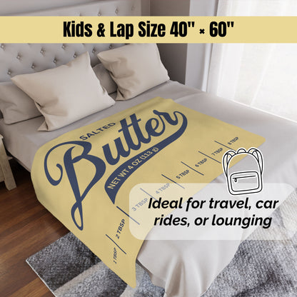 Kids and lap salted butter blanket size graphic showing 40x60 inch option. Soft minky throw with playful yellow butter design for couches, travel, and cozy comfort.