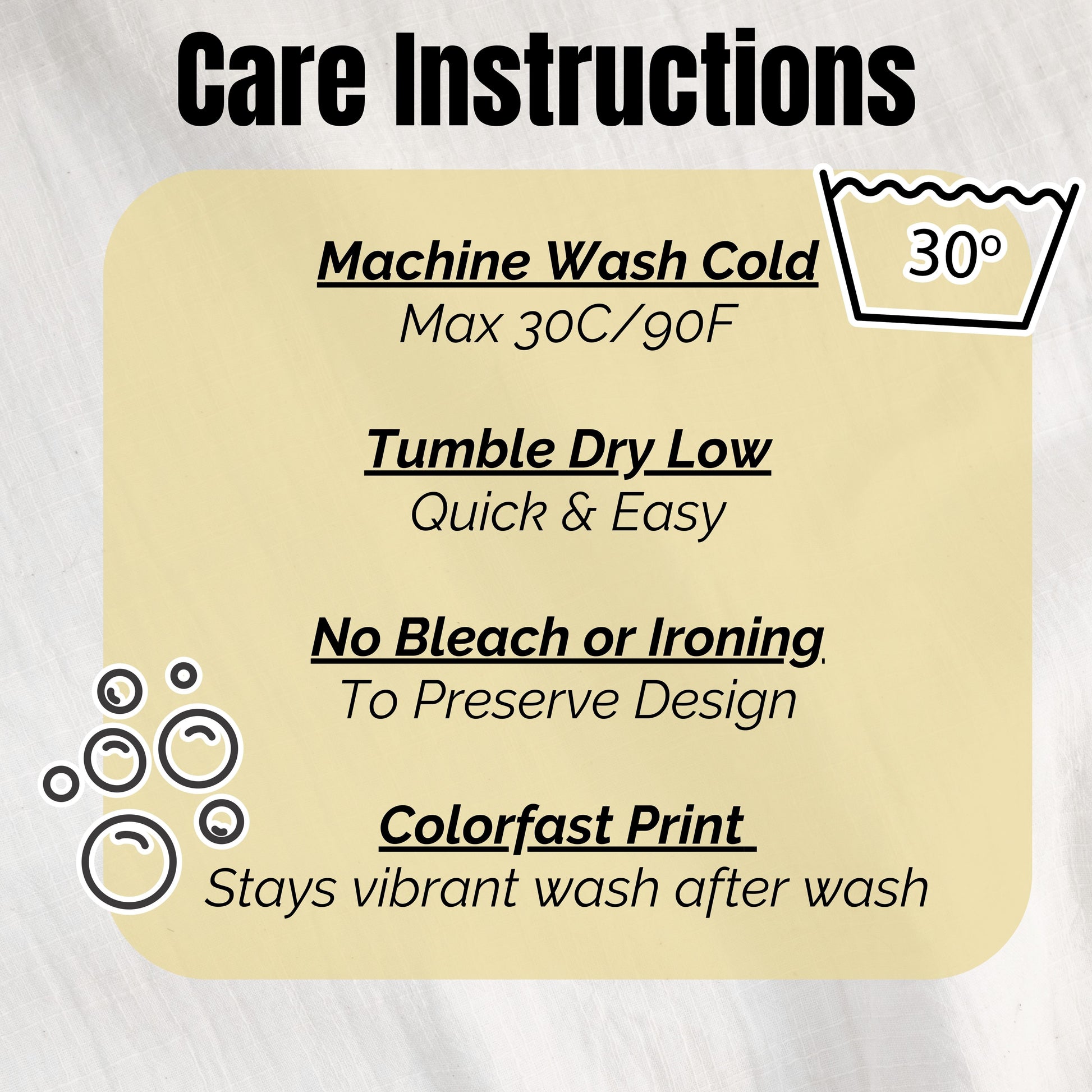 Care instructions graphic for salted butter minky blanket with washing and drying details. Easy care cozy throw blanket designed for softness, comfort, and long lasting use.