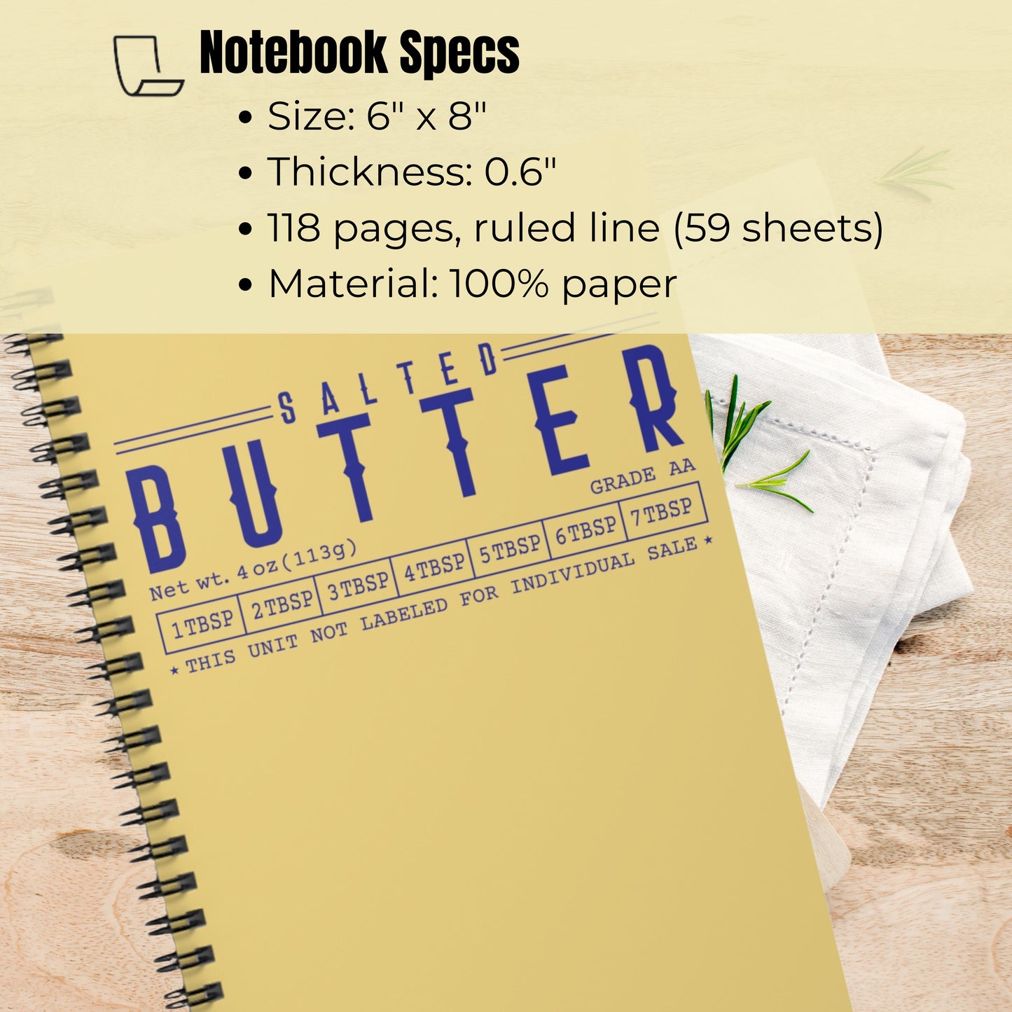 Salted butter notebook shown at an angle highlighting cover design and spiral binding. Durable journal for notes and everyday writing.
