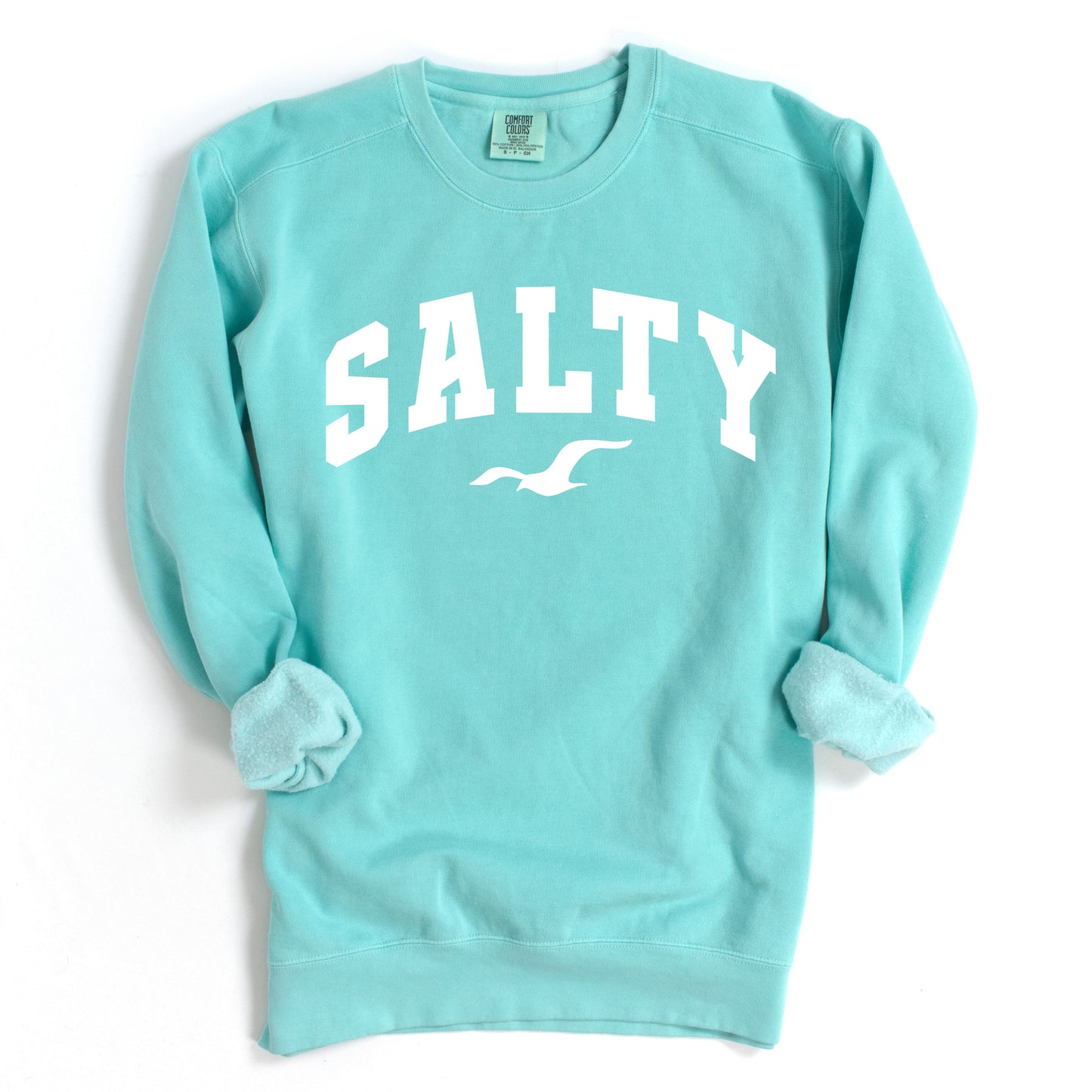 Chalky mint SALTY beach sweatshirt flat lay, oversized crewneck sweatshirt color option, soft pastel coastal clothing, casual beachwear for women, nautical graphic sweatshirt, relaxed fit vacation outfit