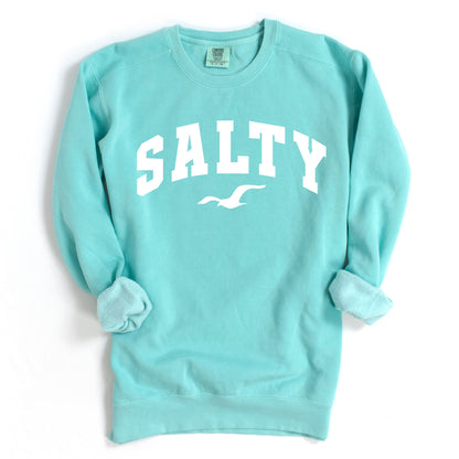 Chalky mint SALTY beach sweatshirt flat lay, oversized crewneck sweatshirt color option, soft pastel coastal clothing, casual beachwear for women, nautical graphic sweatshirt, relaxed fit vacation outfit