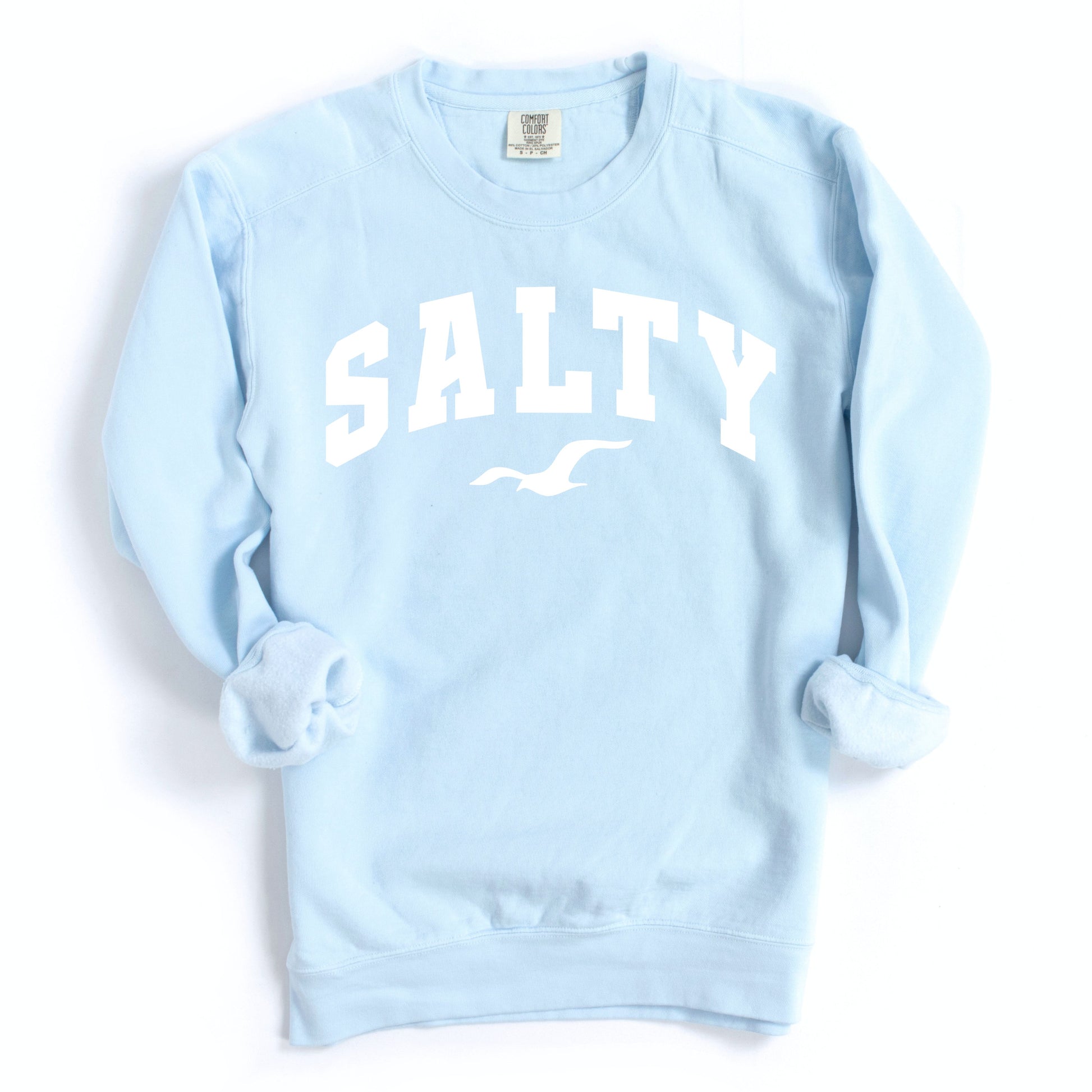 Chambray light blue SALTY sweatshirt flat lay, oversized coastal crewneck sweatshirt, soft beachwear for women, casual seaside outfit, nautical graphic sweatshirt, relaxed fit vacation clothing