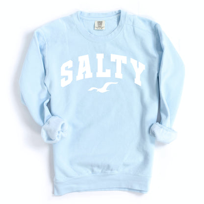 Chambray light blue SALTY sweatshirt flat lay, oversized coastal crewneck sweatshirt, soft beachwear for women, casual seaside outfit, nautical graphic sweatshirt, relaxed fit vacation clothing