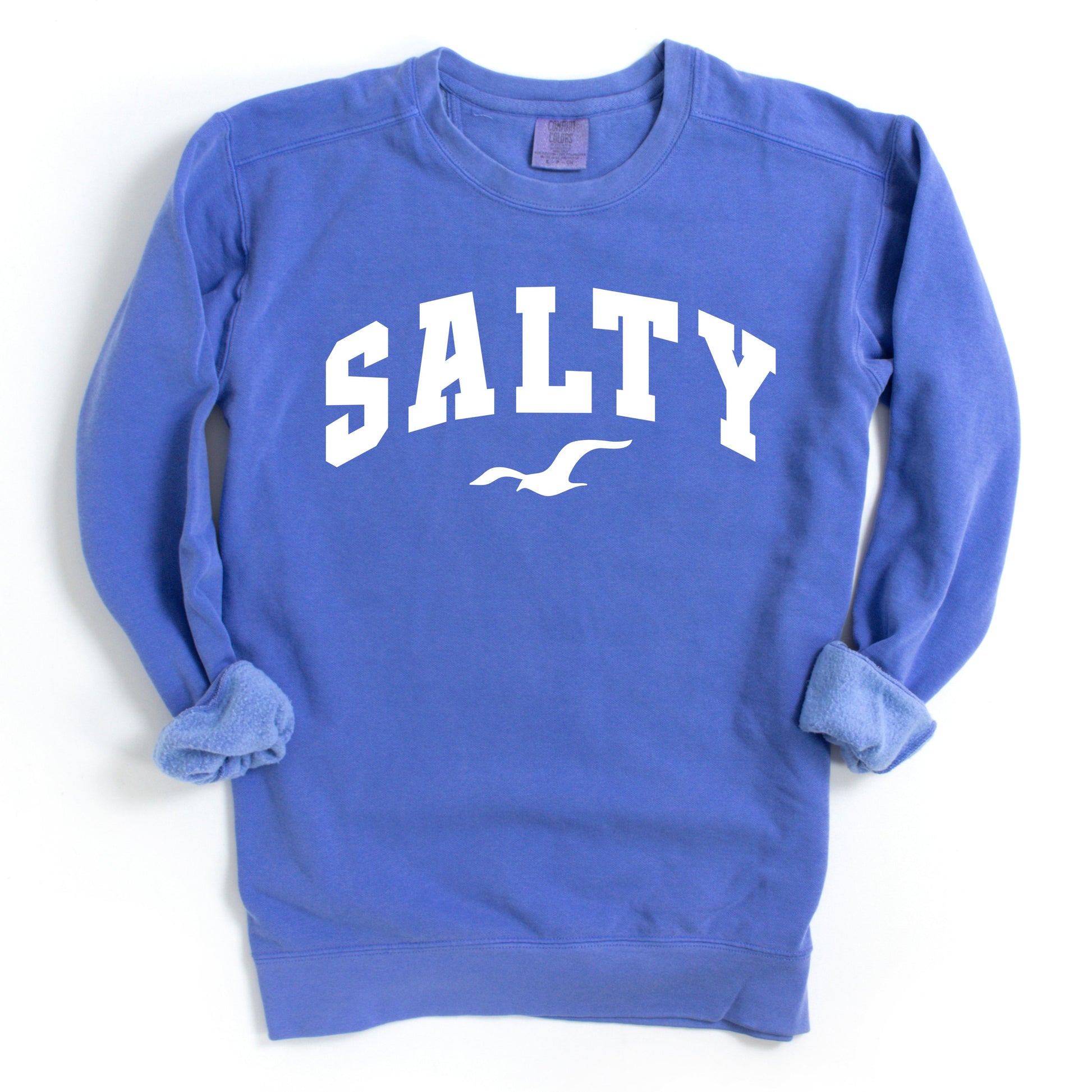 Flo blue SALTY sweatshirt flat lay, oversized coastal crewneck sweatshirt, bold blue beachwear for women, casual vacation outfit, nautical graphic sweatshirt, relaxed fit seaside clothing