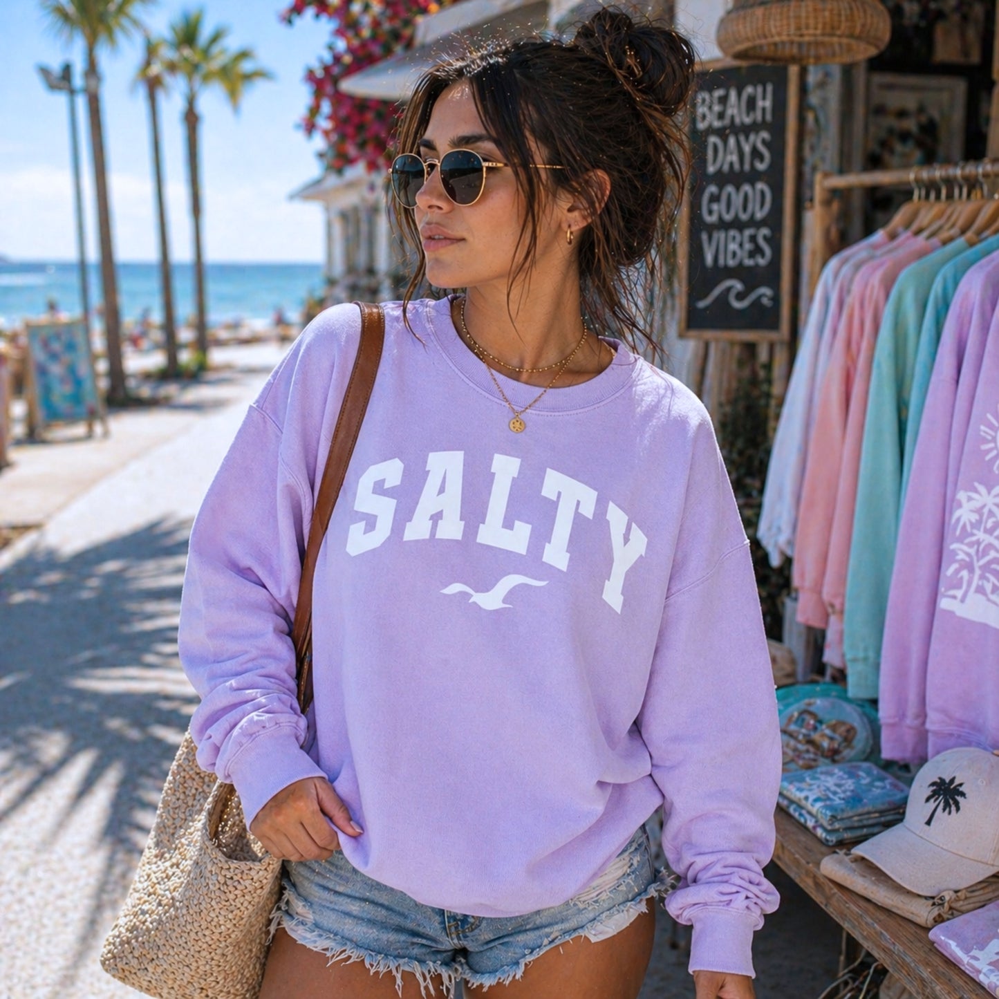 Woman wearing orchid purple SALTY sweatshirt on beach, soft pastel coastal outfit, oversized crewneck sweatshirt, relaxed vacation style, comfortable beachwear for women, nautical graphic sweatshirt, feminine seaside fashion look