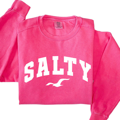 Watermelon pink SALTY sweatshirt flat lay, oversized beach crewneck sweatshirt, bold coastal color option, casual vacation clothing for women, soft cotton blend sweatshirt, nautical graphic top