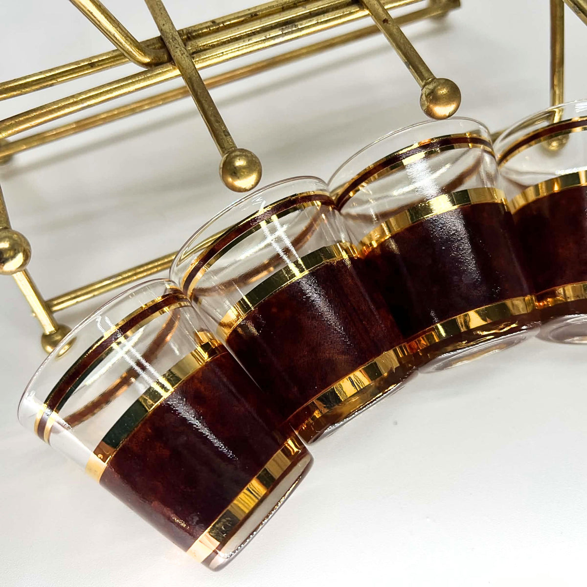 Vintage Culver Tortoiseshell Shot Glasses | Brown & Gold Hollywood Regency Barware