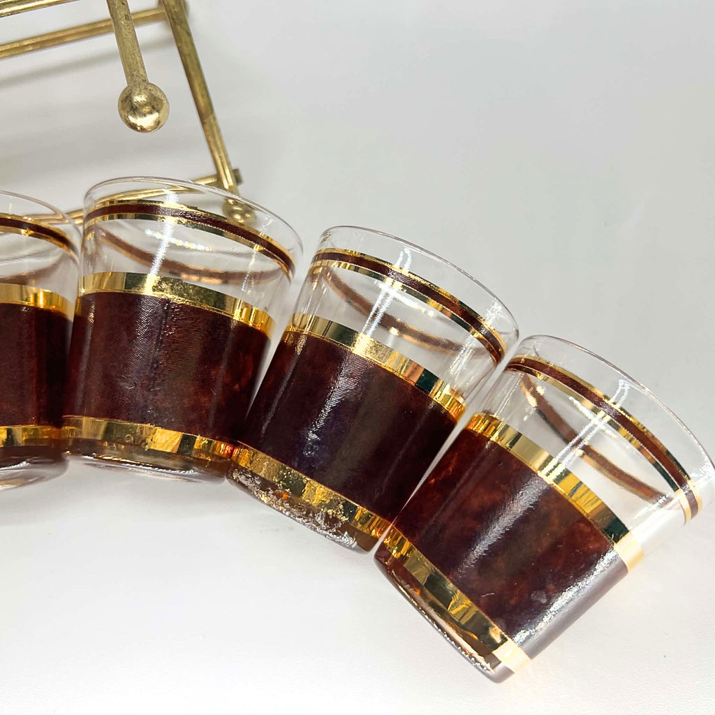 Vintage Culver Tortoiseshell Shot Glasses | Brown & Gold Hollywood Regency Barware