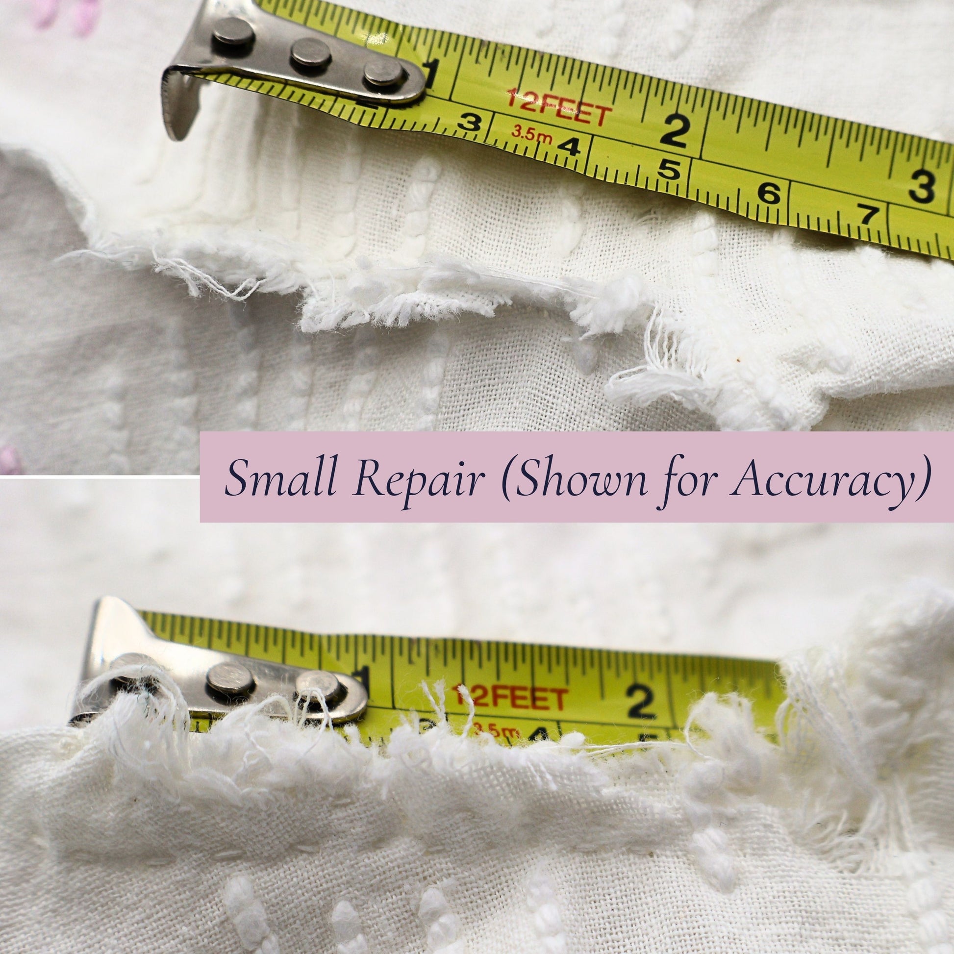 Close-up showing the small repaired area on the vintage white chenille bedspread with measuring tape for scale. The repair has been clearly photographed for transparency while preserving the beauty, usability, and heirloom appeal of this vintage textile.