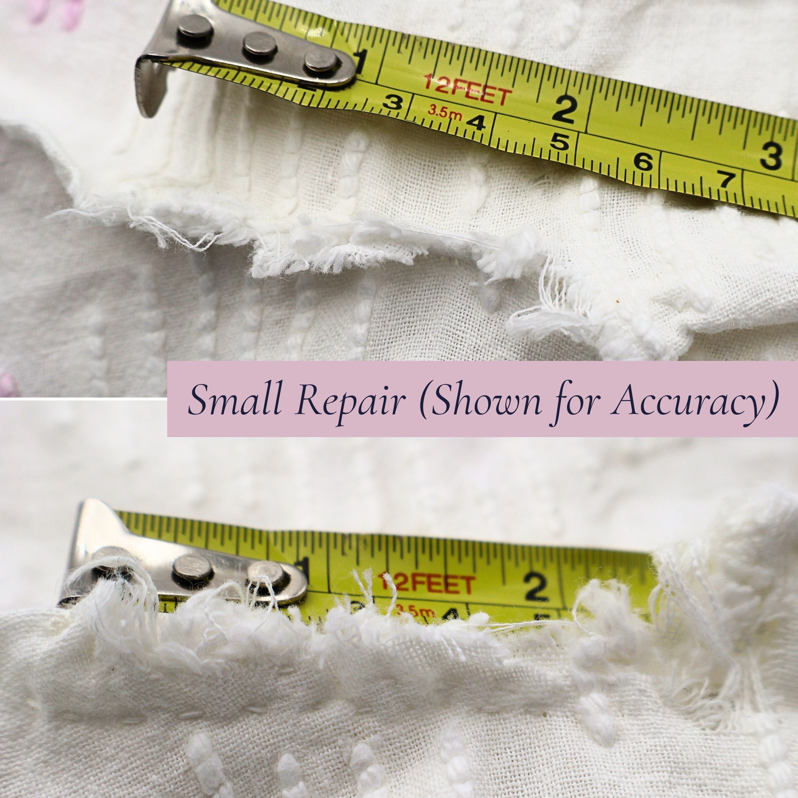 Close-up showing the small repaired area on the vintage white chenille bedspread with measuring tape for scale. The repair has been clearly photographed for transparency while preserving the beauty, usability, and heirloom appeal of this vintage textile.