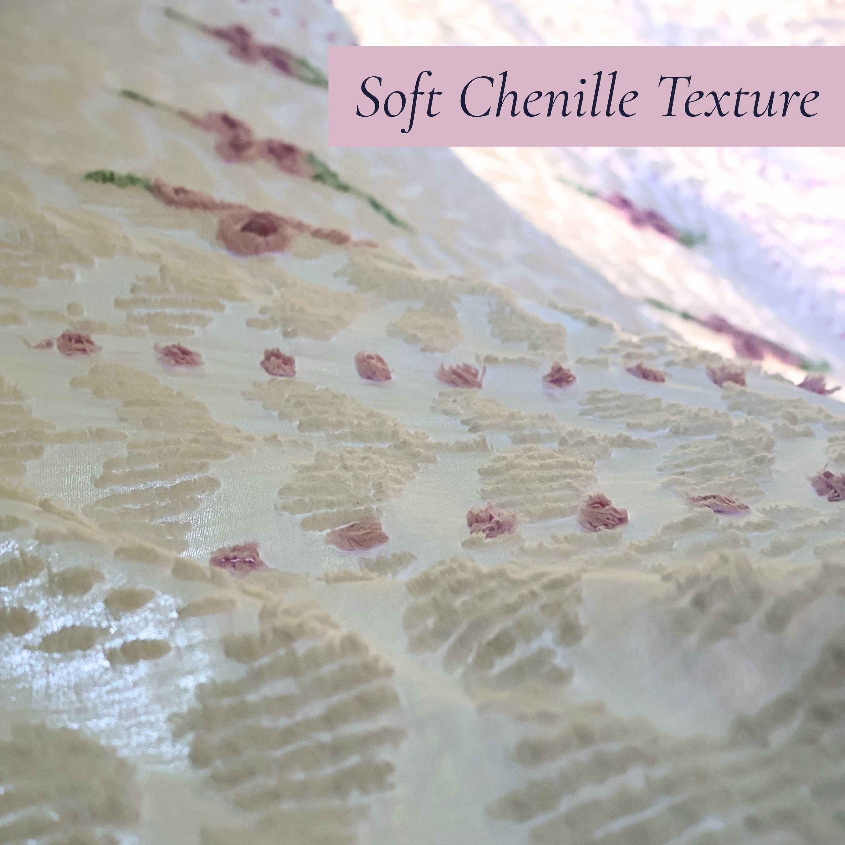 Angled view highlighting the soft woven chenille fabric and delicate lavender border on a vintage white bedspread. The luxurious texture and heirloom quality make it perfect for cottage decor, farmhouse bedrooms, romantic interiors, and vintage textile collections.