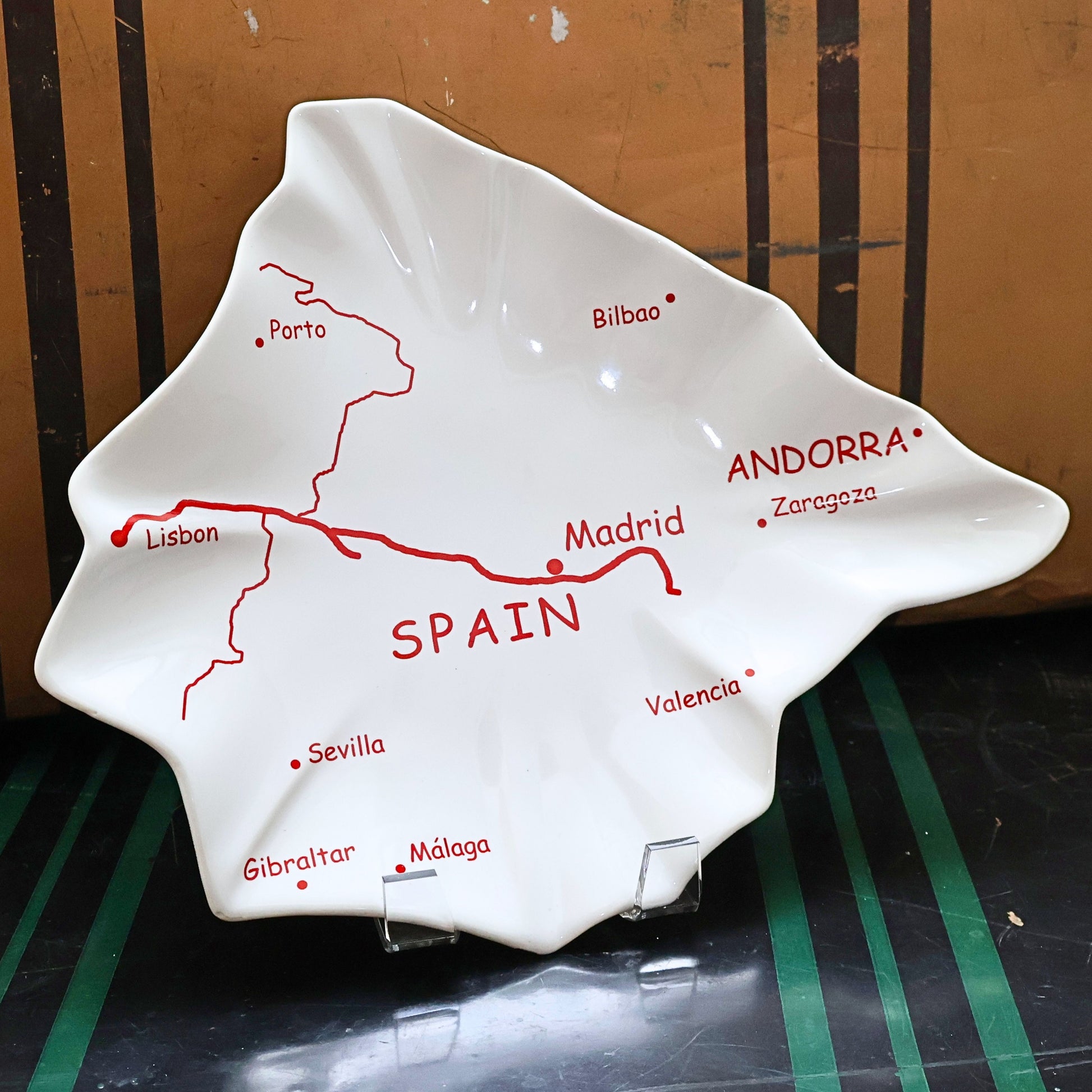 Vintage Spain map ceramic serving tray with red city graphics and glossy white finish, Spain shaped Mediterranean tapas platter, European travel decor serving dish, collectible souvenir ceramic tray for entertaining or display