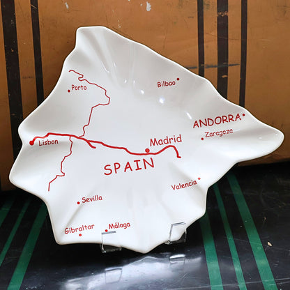 Vintage Spain map ceramic serving tray with red city graphics and glossy white finish, Spain shaped Mediterranean tapas platter, European travel decor serving dish, collectible souvenir ceramic tray for entertaining or display