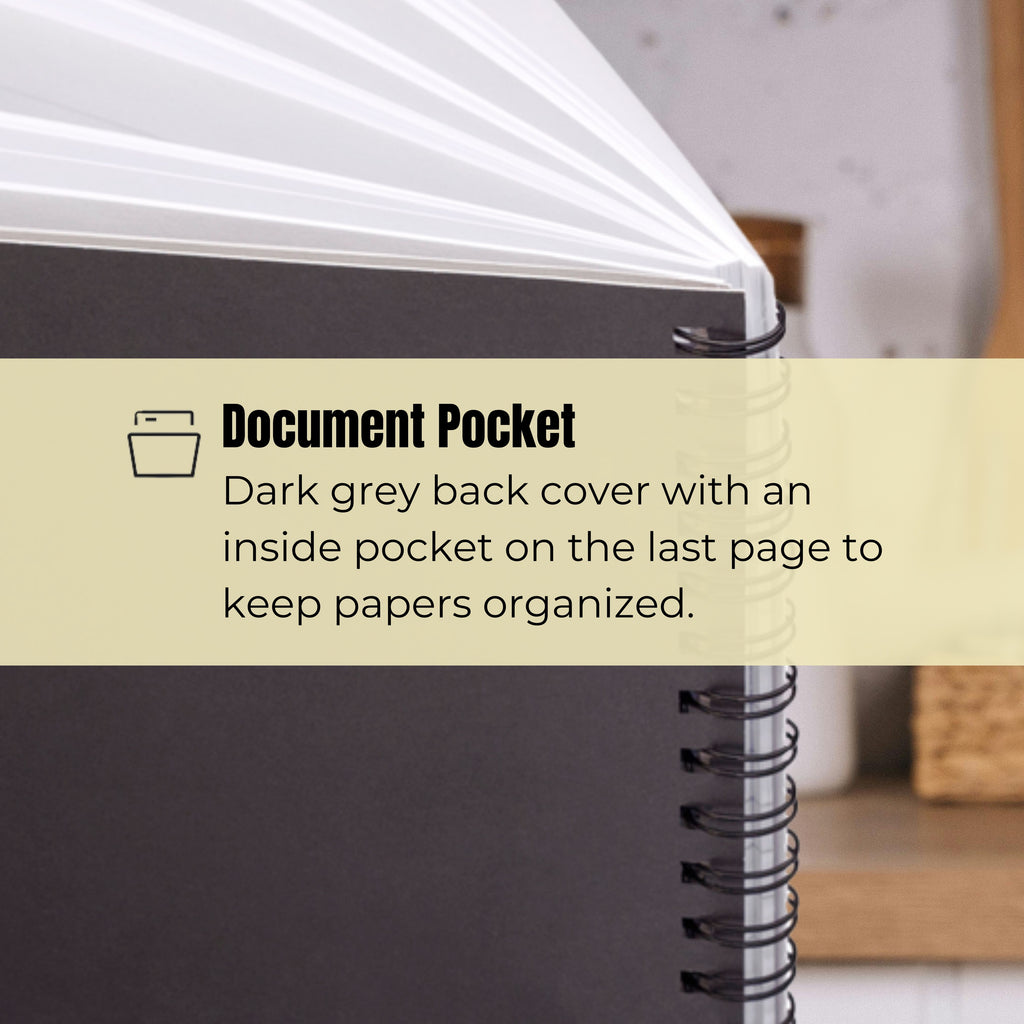 Back cover of spiral notebook showing location of interior storage pocket