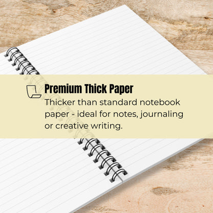 Ruled interior pages of spiral-bound notebook shown in close detail